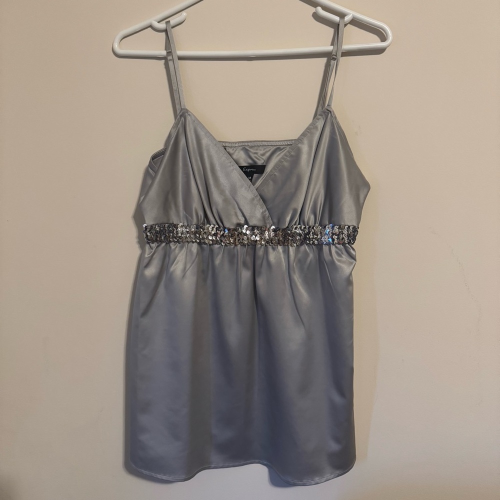Y2K Express Silver Sequin Sleeveless V-Neck Cami Tank Top Size M